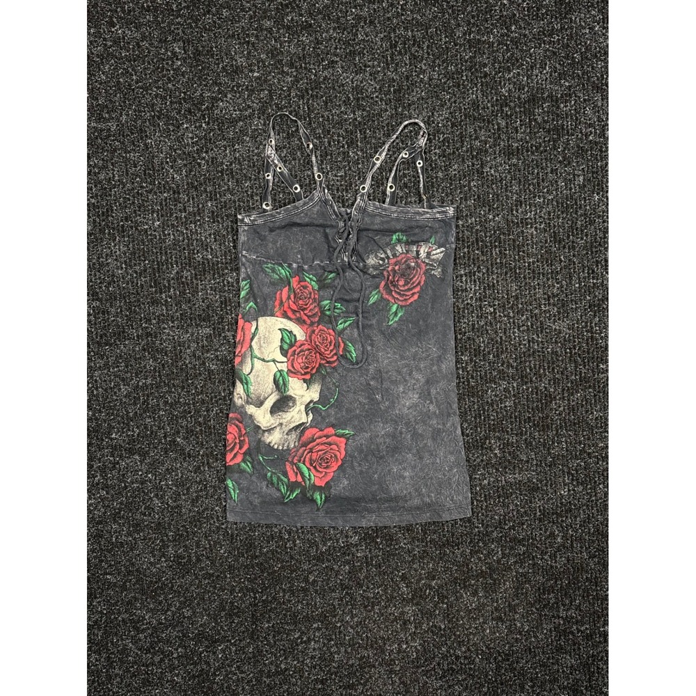 Sinful by Affliction Skull Rose Tank Top Black Mineral Wash Grommet Strap Small